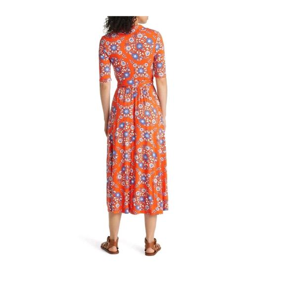 Boden Lavinia Jersey True Wrap Dress Red-Orange Papaya Wildflower Print Size 16 - Picture 3 of 13